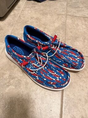 Hey Dude Slip-On Boat Shoes in Blue and Red Fish Pattern